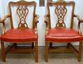 Pair of Chippendalestyle Red Leather Upholstered Carved Cherry Armchairs
