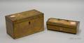 English Inlaid and Veneered Double Tea Caddy and a Small Steel Tack Embellished Fruitwood Veneer Coffinform Dometop Footed Box
