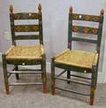 Pair of Mexican Polychrome Floral Decorated Slatback Side Chairs with Woven Rushtype Seats