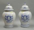 Pair of French Handpainted Blue and White John Hancock and American Eagle Decorated Faience Urns with Covers
