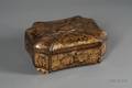 Chinese Export Gilt Decorated Lacquered Footed Sewing Box with Contents