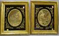 Pair of Giltwood Framed Oval Silk Needlework Pictures Depicting a Hunter with Dog and a Woman with Pet in Eglomise Mats