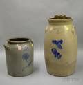 EL Farrar Cobalt Floral Decorated Stoneware Churn with Cover and a Shenandoah Valley Cobalt Flower Decorated 