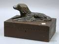 Mahogany Veneer Lidded Box Surmounted with Folk Art Carved and Painted Wooden Recumbent Dog