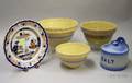Three Banded Yellowware Kitchen Mixing Bowls a Masons Ironstone Imari Palette Plate and a Cobalthighlighted Stoneware Salt Box