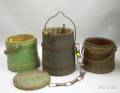 Two Wooden Firkins and a Wrought Iron Mounted Wooden Bucket
