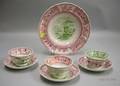 Seven Pieces Red and Green Two Tone Staffordshire Transferware Pottery