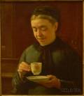 Framed Oil on Canvas Portrait of a Lady Taking Tea