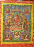 Framed Tibetan Painted Parchment Thangka with Brocade Cloth Border