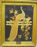 Framed Needlework Panel Depicting a Peacock on the Garden Fence