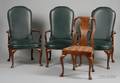 Set of Three Queen Anne Style Green Leather Upholstered Mahogany Armchairs and a Queen Anne Style Carved Mahoga
