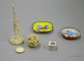 Two Small Enameled Dishes a Miniature Chinese Export Porcelain Box with Lid and a Carved Ivory Puzzle Ball wi