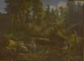 Framed 19th Century AngloAmerican School Oil on Canvas Mounted to Masonite Depicting Figures by a Stream