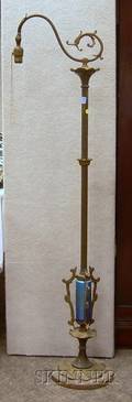 Art Deco Gilt Cast Metal Floor Lamp with Blue Aurene Glass Post Segment and Marble Base