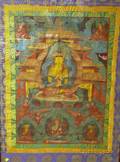 Framed Tibetan Painted Parchment Thangka with Brocade Cloth Border