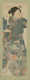 Kuniyoshi Beauty in Elaborate Kimono Holding a Covered Jar