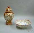 Red Kutani Covered Vase and a Handpainted Pink and White Floral Decorated Bowl