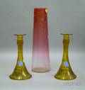 Pair of Gold Colored Glass Overlay Candlesticks and a Ruby Glass Vase