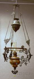 Victorian Cast Iron Hanging Lamp with Hungariantype Decorated Ceramic Kerosene Font and an Opaque Glass Dome Shade