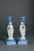 Pair of Wedgwood Light Blue and White Jasper Candlesticks