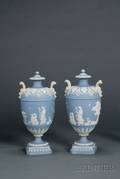 Pair Wedgwood Solid Blue Jasper Vases and Covers