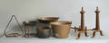Group wrought iron and brass hearth equipment to include andirons