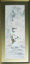 Two oriental painted silk panels