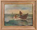 Oil on canvas seascape with two men sturgeon fishing