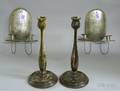 Pair of Tin TwoLight Wall Sconces and a Pair of Turned Wood Candlesticks