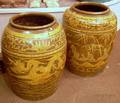 Large Near Pair of Asian Slip Decorated Stoneware Storage Jars