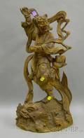 Chinese Carved Hardwood Figure of a Deity Standing on a Fish