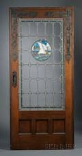Boston School Arts  Crafts Architectural Ironmounted Oak and Leaded Glass Door with Viking Sailing Ship Medallion