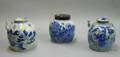 Chinese Export Porcelain Canton Blue and White Decorated Porcelain Ginger Jar and Two Teapots