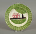 Green spatter plate with schoolhouse 19th c