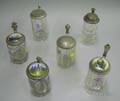 Six Pewterlidded Colorless Molded Glass Steins