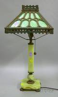 Metalmounted Onyx Table Lamp with Cast Iron Framed Green Slag Glass Panel Shade