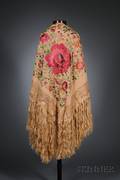Polychrome Embroidered Peach Silk Fringed Piano Shawl
