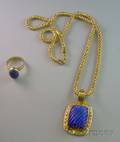 18kt Gold Diamond and Carved Lapis Lazuli Pendant on 14kt Gold Chain and a 12kt Gold and Lapis Lazuli Ring