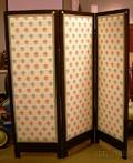 Brocade Upholstered Ebonized Wooden Framed ThreePanel Floor Screen