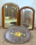Late Victorian Oval Motherofpearl Inlaid and Floral Painted Papiermache Tray and Two Archtop Framed Mirrors