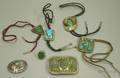 Four Southwestern Silver and Turquoise Bolo Ties a Belt Buckle Ring and Brooch