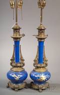 Pair of Aesthetic Movement Paris Porcelain and Bronze Mounted Lamps