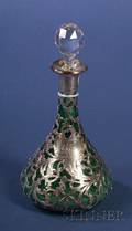 Green Cased Colorless Glass and Alvin Sterling Overlay Decanter