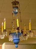 Gothic Revival Style Brass and Blue Opaline Glass Chandelier with Prisms
