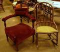 Victorian Velvet Upholstered Turned Oak Corner Chair and Caned Sackback Rocker