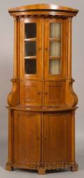 Biedermeier Glazed Ebony Inlaid Flame Birchwood Bowfront Twopart Corner Cabinet