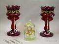 Pair of Enameled Ruby Glass Lustres with Colorless Prisms and a Victorian Enameled Pale Green Glass Footed Biscuit Jar