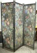 Ebonized Wood and French Wallpaper Panel Folding Threepart Floor Screen