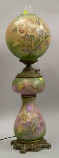 Victorian Brassmounted Handpainted Floral Decorated Glass Kerosene Table Lamp