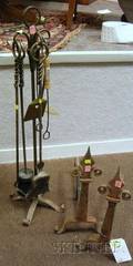 Pair of Wrought Iron Andirons a Tool Stand with Four Tools and a Brass Lantern